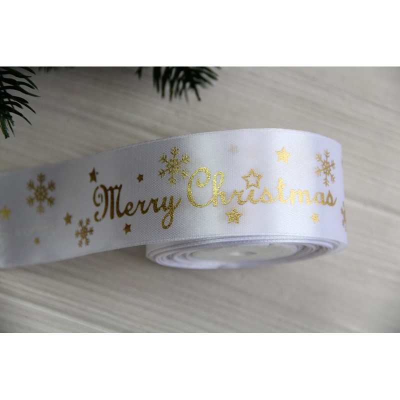 Атлас "  Merry Christmas со снежинками      "  4 см  белый       рулон 22.5 метра