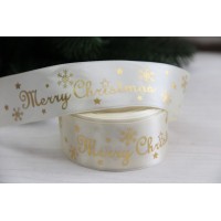 Атлас "  Merry Christmas со снежинками      "  4 см  бежевый     рулон 22.5 метра