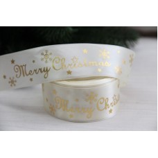 Атлас "  Merry Christmas со снежинками      "  4 см  бежевый     рулон 22.5 метра