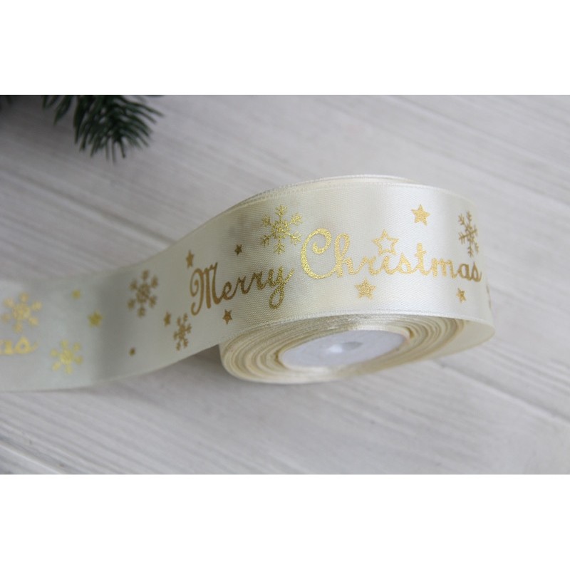 Атлас "  Merry Christmas со снежинками      "  4 см  бежевый     рулон 22.5 метра
