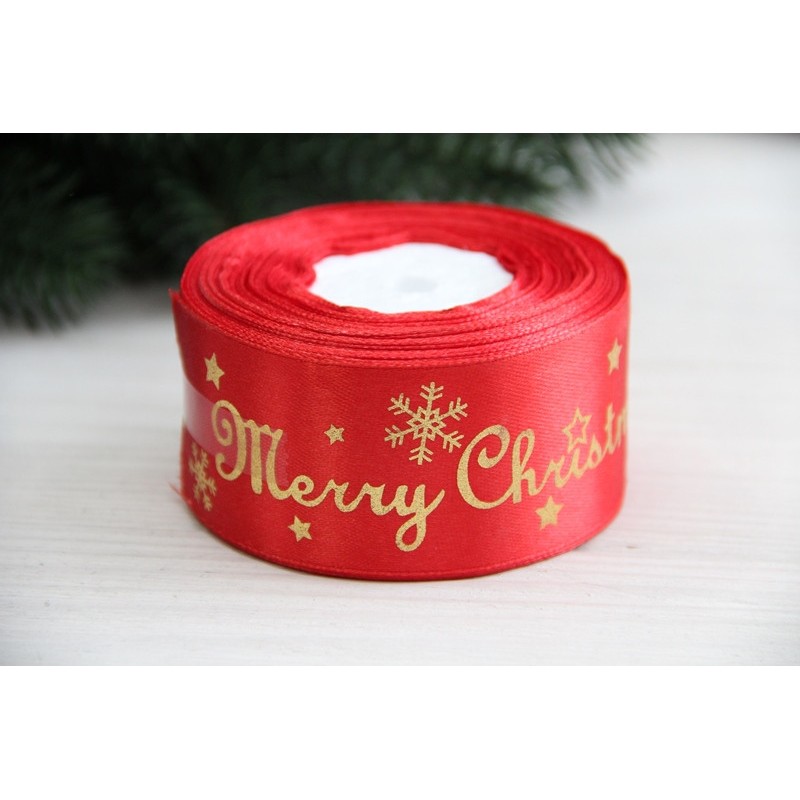 Атлас "  Merry Christmas со снежинками      "  4 см  красный       рулон 22.5 метра