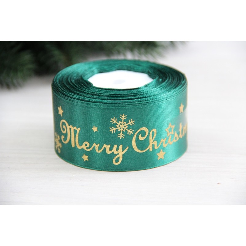 Атлас "  Merry Christmas со снежинками      "  4 см  темно зеленый       рулон 22.5 метра
