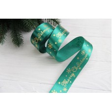 Атлас "  Merry Christmas со снежинками      "  4 см  темно зеленый       рулон 22.5 метра