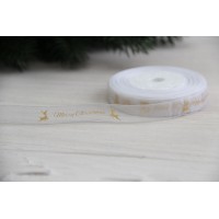 Органза   "  Merry Christmas и олени  "  1.2 см  белая        рулон 22.5 метра