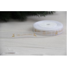 Органза   "  Merry Christmas и олени  "  1.2 см  белая        рулон 22.5 метра