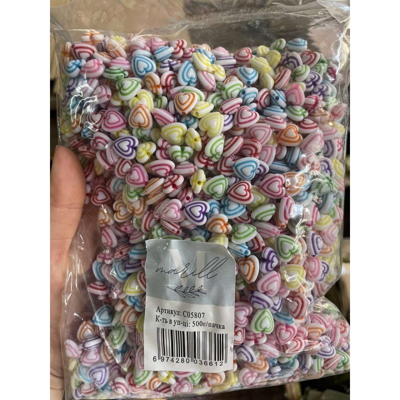 Бусины микс   "  Цветные сердечки "     500 грам