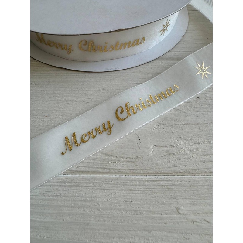 Стрічка оксамитова "  Merry Christmas 2,5 см"  БІЛА  рулон 45 метрів
