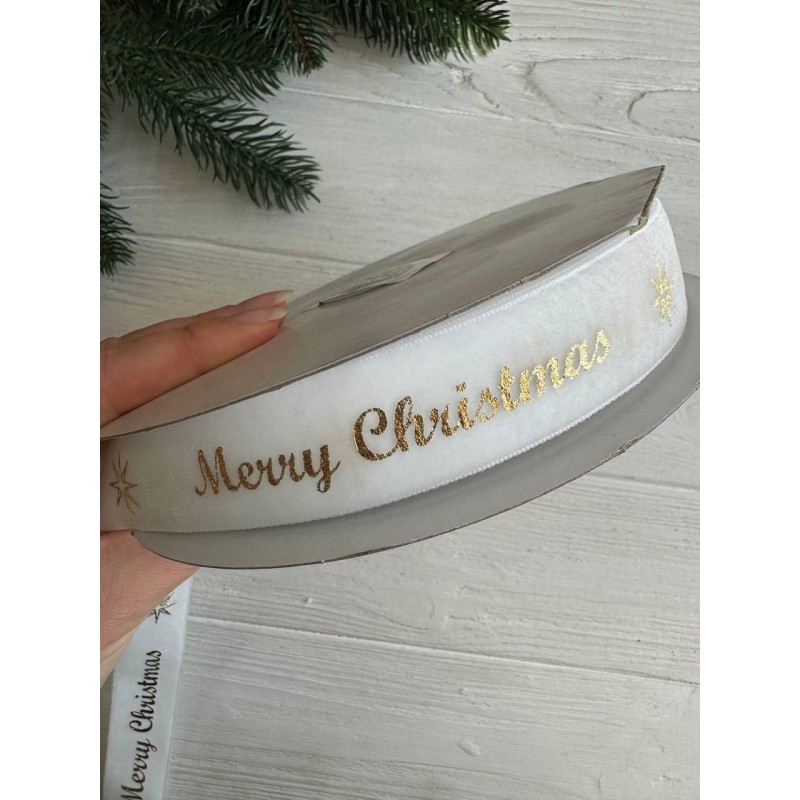 Стрічка оксамитова "  Merry Christmas 2,5 см"  БІЛА  рулон 45 метрів