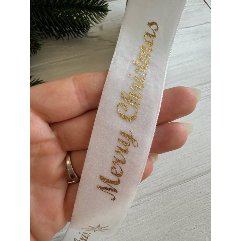 Стрічка оксамитова "  Merry Christmas 2,5 см"  БІЛА  рулон 45 метрів