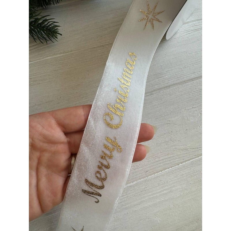 Лента бархатная " Merry Christmas 4 см "  БЕЛАЯ        рулон 18  метров