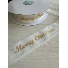 Лента бархатная " Merry Christmas 4 см "  БЕЛАЯ        рулон 18  метров