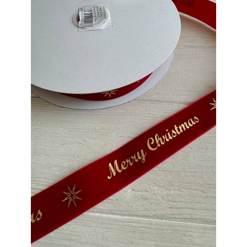 Лента бархатная " Merry Christmas 2,5 см "  КРАСНАЯ        рулон 45 метров