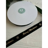 Лента бархатная " Merry Christmas 2,5 см "  ТЕМНО ЗЕЛЕНАЯ         рулон 45 метров