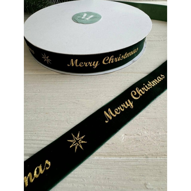 Лента бархатная " Merry Christmas 2,5 см "  ТЕМНО ЗЕЛЕНАЯ         рулон 45 метров