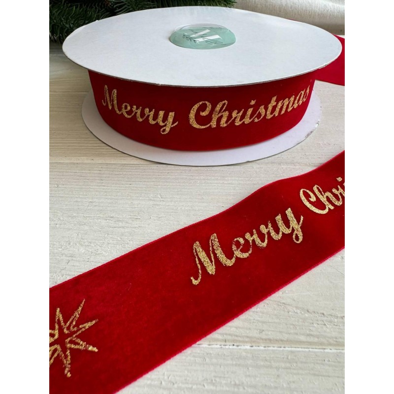 Лента бархатная " Merry Christmas 4 см "  КРАСНАЯ        рулон 45 метров