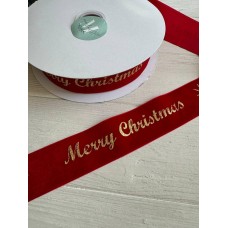 Лента бархатная " Merry Christmas 4 см "  КРАСНАЯ        рулон 45 метров