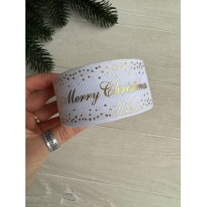 Репс  " Merry Christmas со звездочками  "  4 см белый       рулон 22.5 метра