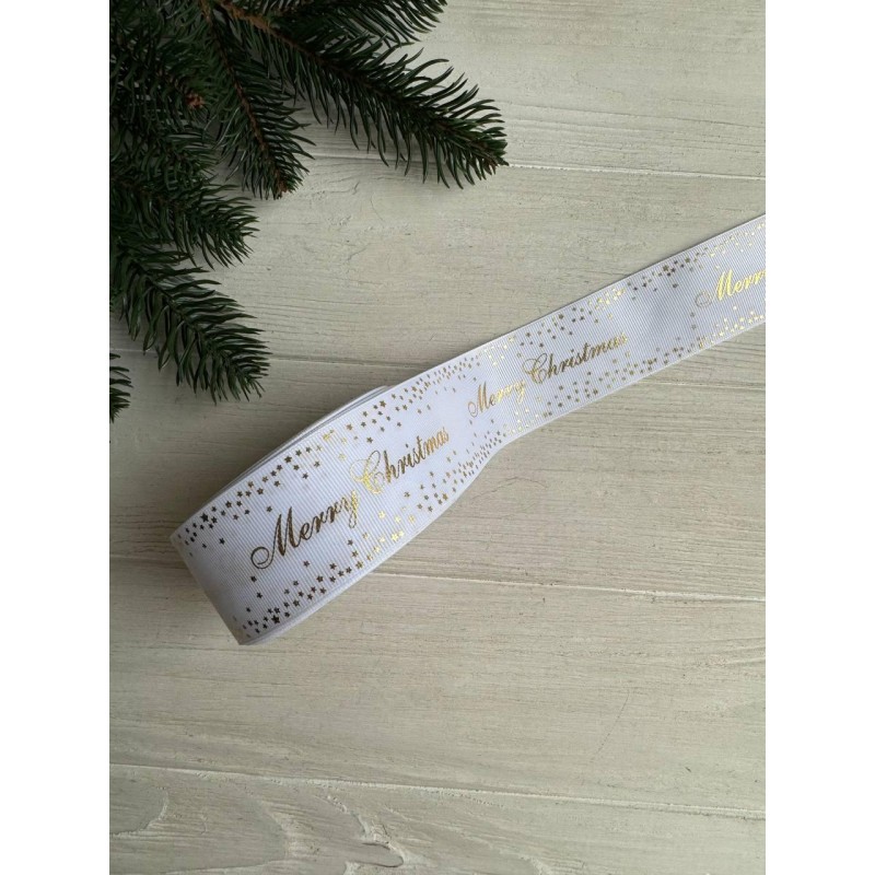Репс  " Merry Christmas со звездочками  "  4 см белый       рулон 22.5 метра