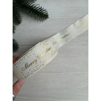 Репс  " Merry Christmas со звездочками  "  4 см бежевый       рулон 22.5 метра