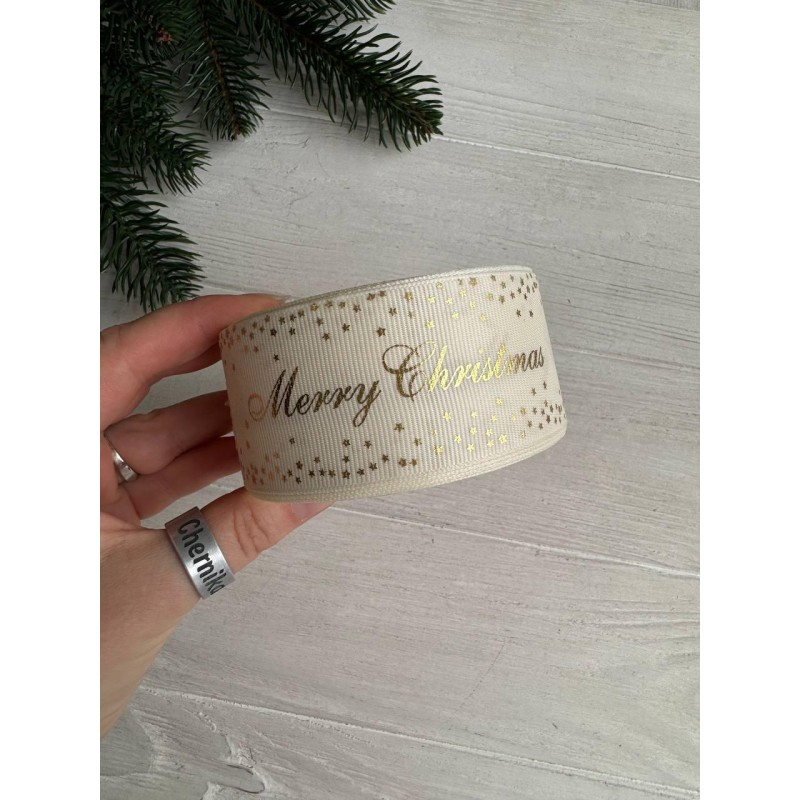 Репс  " Merry Christmas з зірочками   "  4 см  бежевий    рулон 22.5 метри