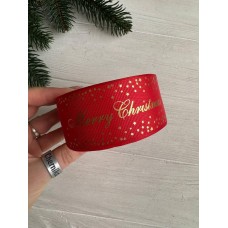 Репс  " Merry Christmas со звездочками  "  4 см красный       рулон 22.5 метра
