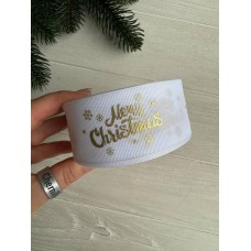 Репс  " Merry Christmas со снежинками  № 3 "  4 см белый        рулон 22.5 метра