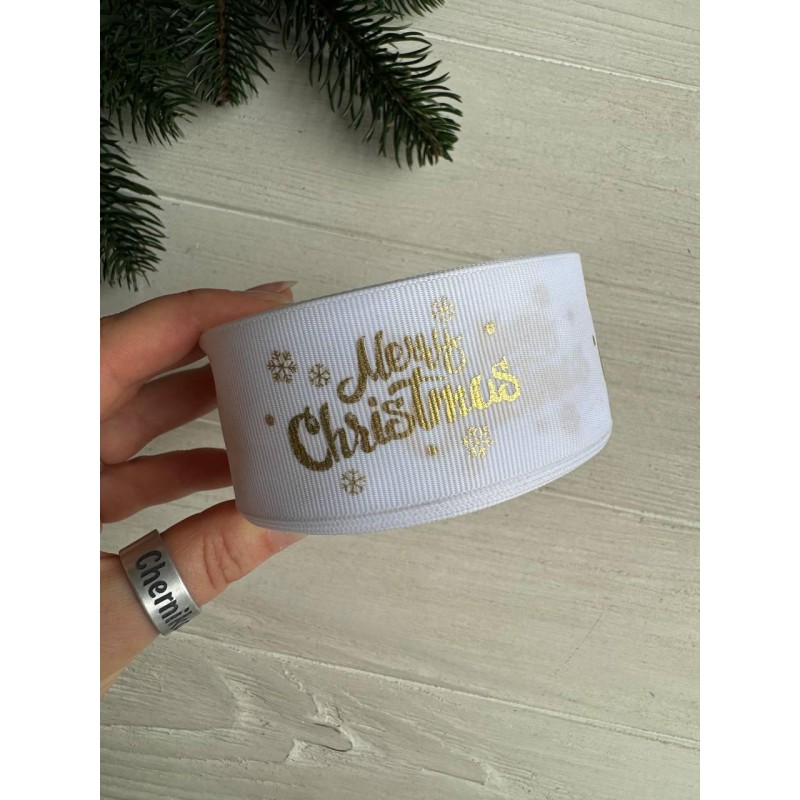 Репс  " Merry Christmas со снежинками  № 3 "  4 см белый        рулон 22.5 метра