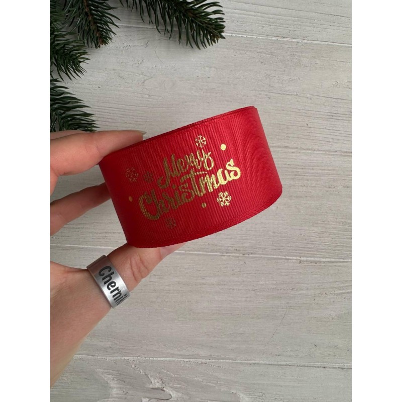 Репс  " Merry Christmas со снежинками  № 3 "  4 см красный       рулон 22.5 метра