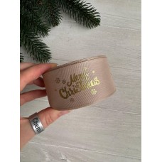 Репс  " Merry Christmas со снежинками  № 3 "  4 см имбирный       рулон 22.5 метра