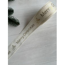 Репс  " Merry Christmas снежинки и падуб  "  4 см бежевый        рулон 22.5 метра