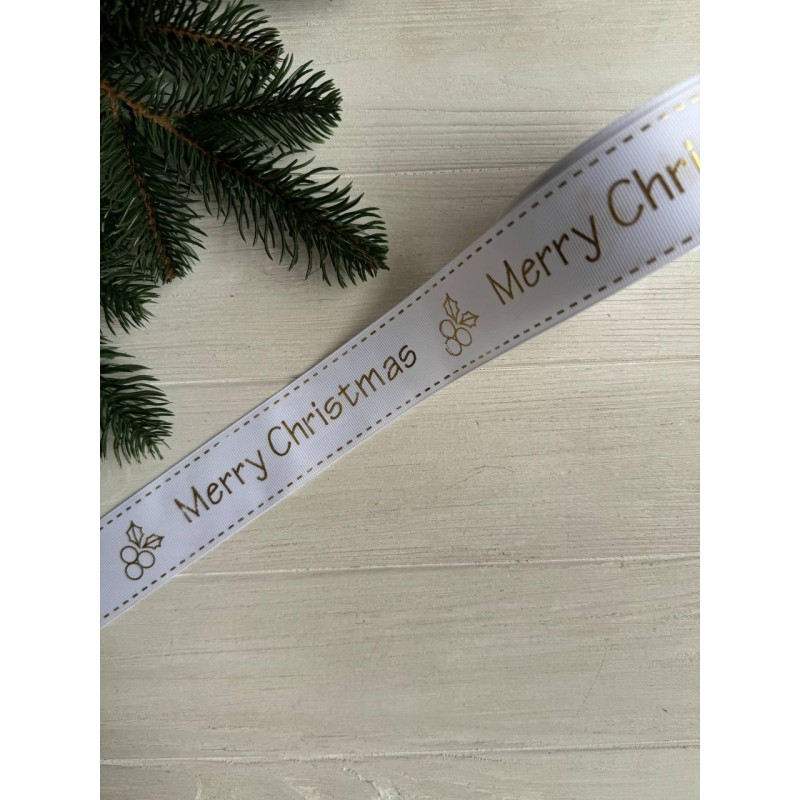 Репс  " Merry Christmas снежинки и падуб  "  4 см белый        рулон 22.5 метра