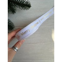 Репс  " Merry Christmas ,сніжинки та падуб   "  2,5 см  білий    рулон 22.5 метри
