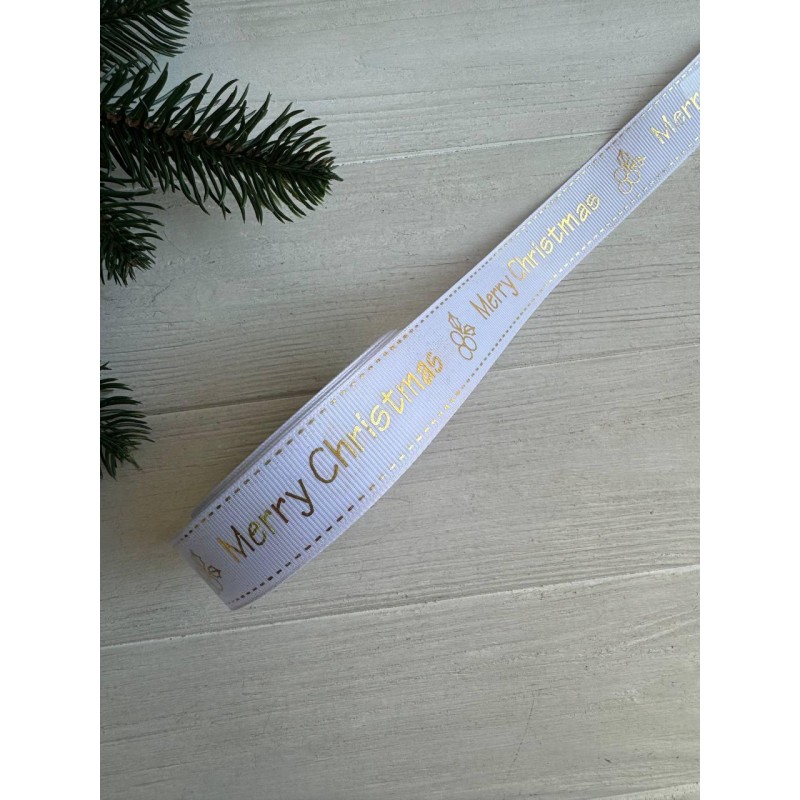 Репс  " Merry Christmas , снежинки и падуб  "  2,5 см белый       рулон 22.5 метра