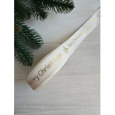 Репс  " Merry Christmas,  снежинки и падуб "  2,5 см бежевый       рулон 22.5 метра