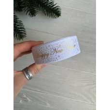 Репс  " Happy new year и снег  "  2,5 см белый       рулон 22.5 метра