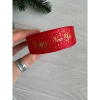 Репс  " Happy new year и снег  "  2,5 см красный       рулон 22.5 метра