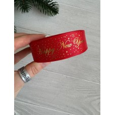 Репс  " Happy new year и снег  "  2,5 см красный       рулон 22.5 метра