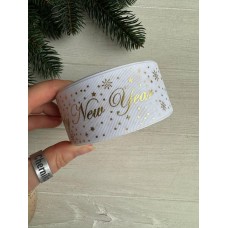 Репс  "Happy new year и снег   "  4 см белый       рулон 22.5 метра