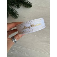 Репс  " Merry Christmas со звездочками  "  2,5 см белый       рулон 22.5 метра