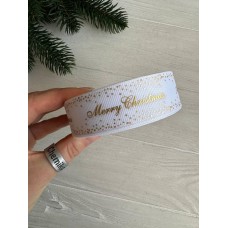 Репс  " Merry Christmas со звездочками  "  2,5 см белый       рулон 22.5 метра