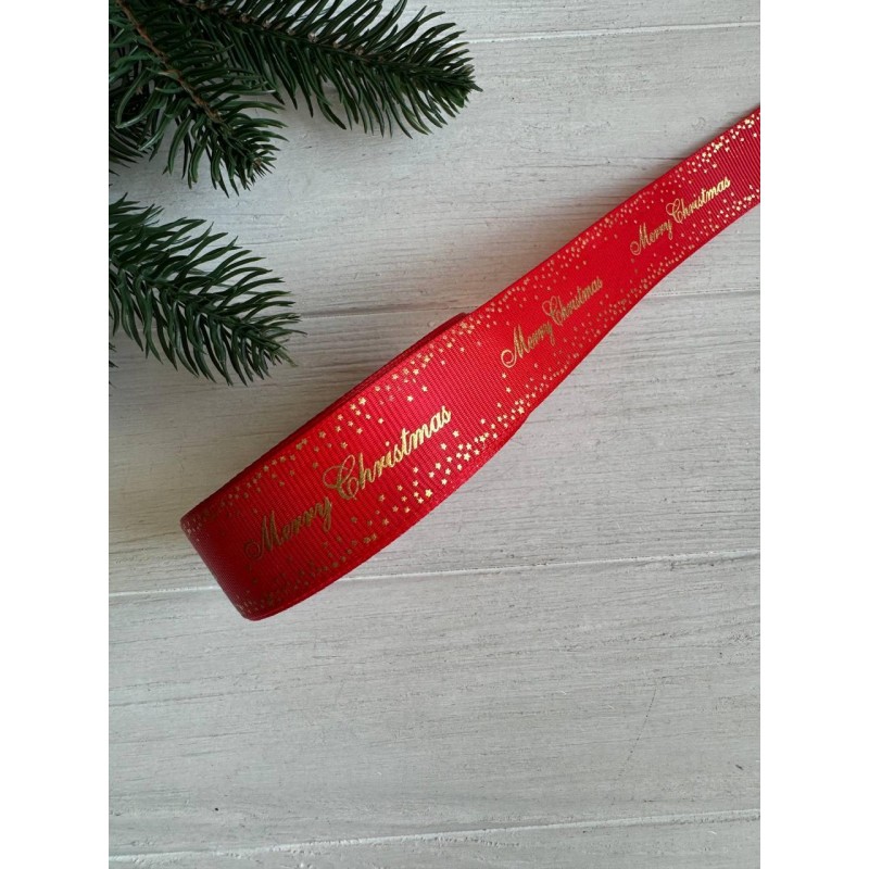 Репс  " Merry Christmas со звездочками  "  2,5 см красный       рулон 22.5 метра