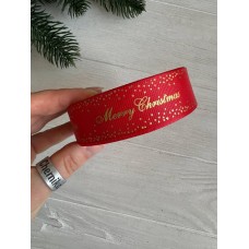 Репс  " Merry Christmas со звездочками  "  2,5 см красный       рулон 22.5 метра