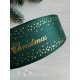 Репс  " Merry Christmas со звездочками  "  2,5 см темно зеленый       рулон 22.5 метра