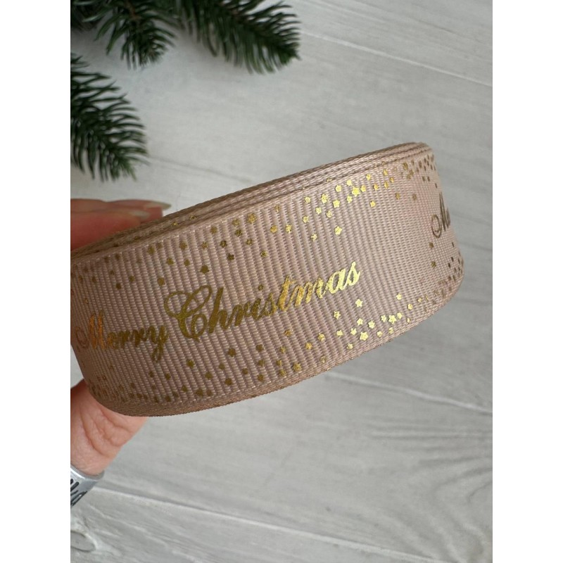 Репс  " Merry Christmas з зірочками  "  2,5 см  імбирний    рулон 22.5 метри