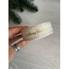 Репс  " Merry Christmas со звездочками  "  2,5 см бежевый       рулон 22.5 метра