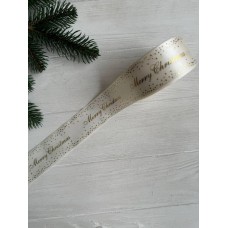 Атлас "  Merry Christmas со звездочками "  4 см  бежевый       рулон 22.5 метра