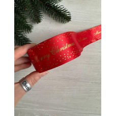 Атлас "  Merry Christmas со звездочками "  4 см  красный       рулон 22.5 метра