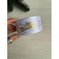 Атлас "  Merry Christmas со снежинками "  4 см белый       рулон 22.5 метра