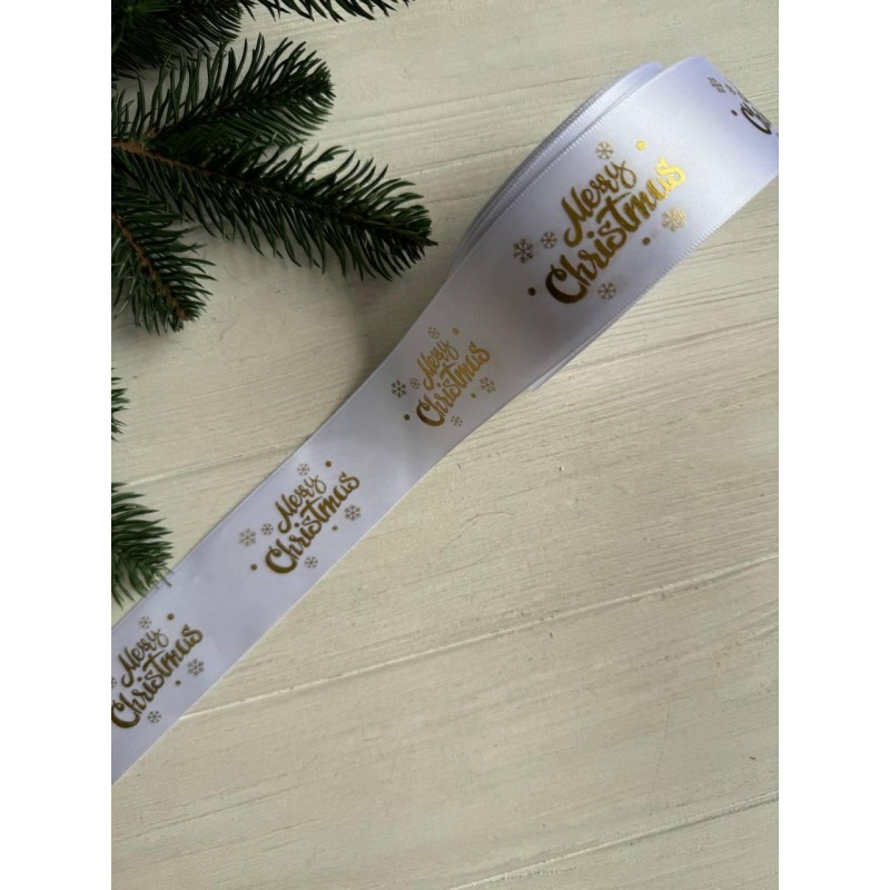 Атлас "  Merry Christmas со снежинками "  4 см белый       рулон 22.5 метра