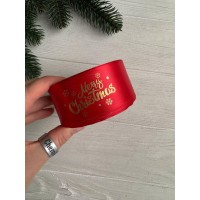 Атлас "  Merry Christmas со снежинками "  4 см  красный       рулон 22.5 метра